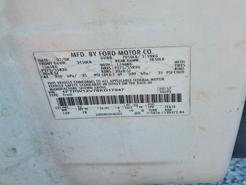 2008 Ford F150 მანქანა იყიდება აუქციონზე, vin: 1FTPW12V78KD17947, აუქციონის ნომერი: 70064736