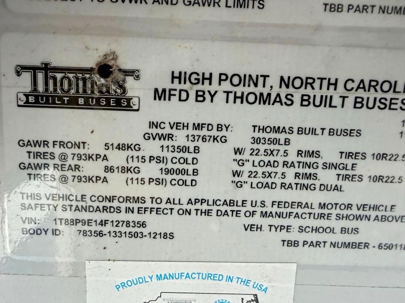 68627486 :رقم المزاد ، 1T88P9E14F1278356 vin ، 2015 Thomas School Bus مزاد بيع