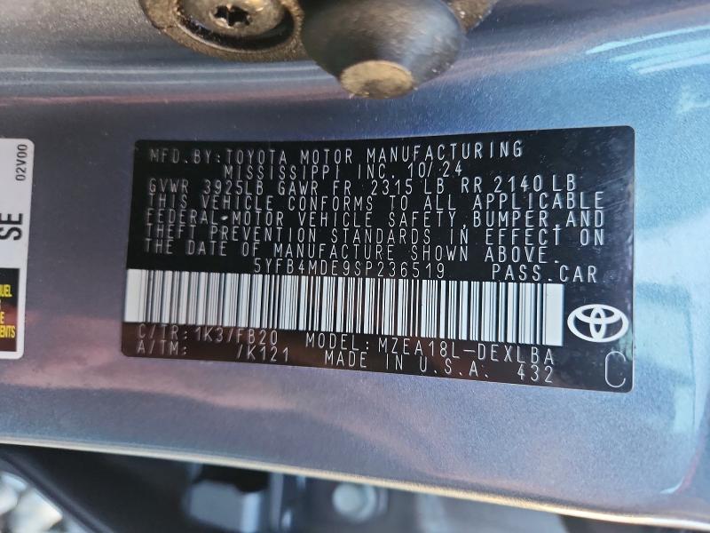 2025 Toyota Corolla მანქანა იყიდება აუქციონზე, vin: 5YFB4MDE9SP236519, აუქციონის ნომერი: 69553776