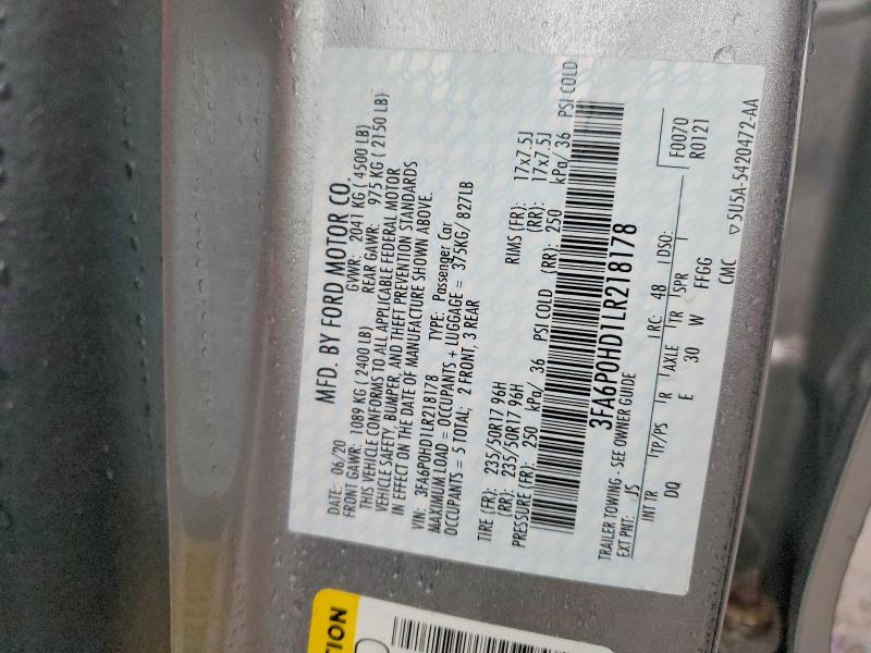 2020 Ford Fusion მანქანა იყიდება აუქციონზე, vin: 3FA6P0HD1LR218178, აუქციონის ნომერი: 67487266