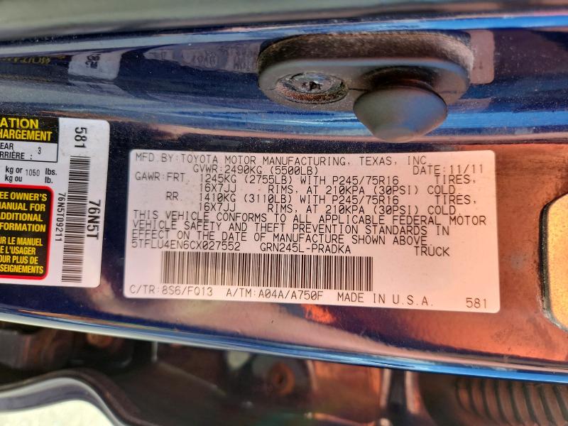 69507256 :رقم المزاد ، 5TFLU4EN6CX027552 vin ، 2012 Toyota Tacoma مزاد بيع