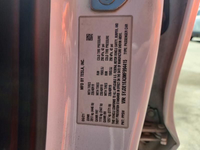 68823416 :رقم المزاد ، 5YJ3E1EA3MF994415 vin ، 2021 Tesla Model 3 مزاد بيع