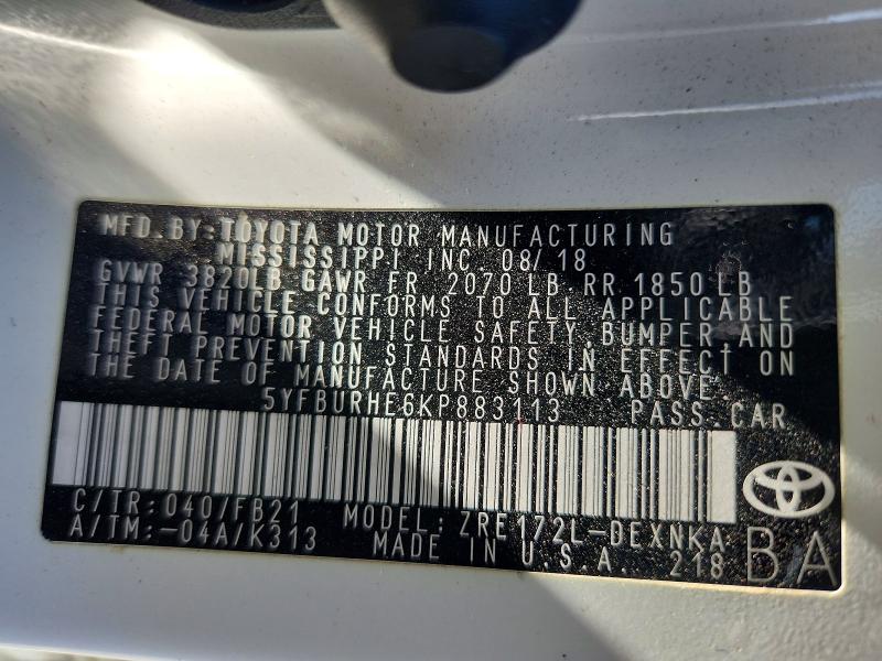 Aukcja sprzedaży 2019 Toyota Corolla, vin: 5YFBURHE6KP883113, numer aukcji: 69639756