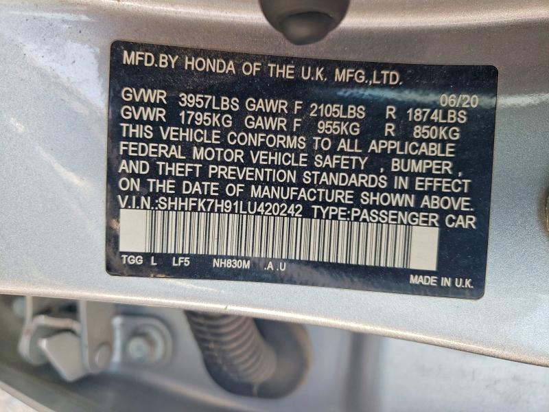 67511266 :رقم المزاد ، SHHFK7H91LU420242 vin ، 2020 Honda Civic مزاد بيع