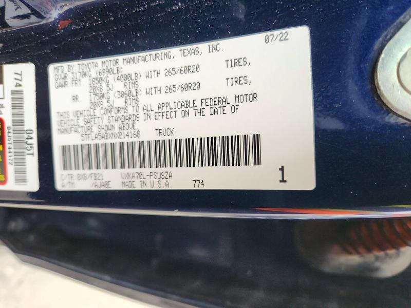 Aukcja sprzedaży 2022 Toyota Tundra, vin: 5TFLA5ABXNX014168, numer aukcji: 70518246