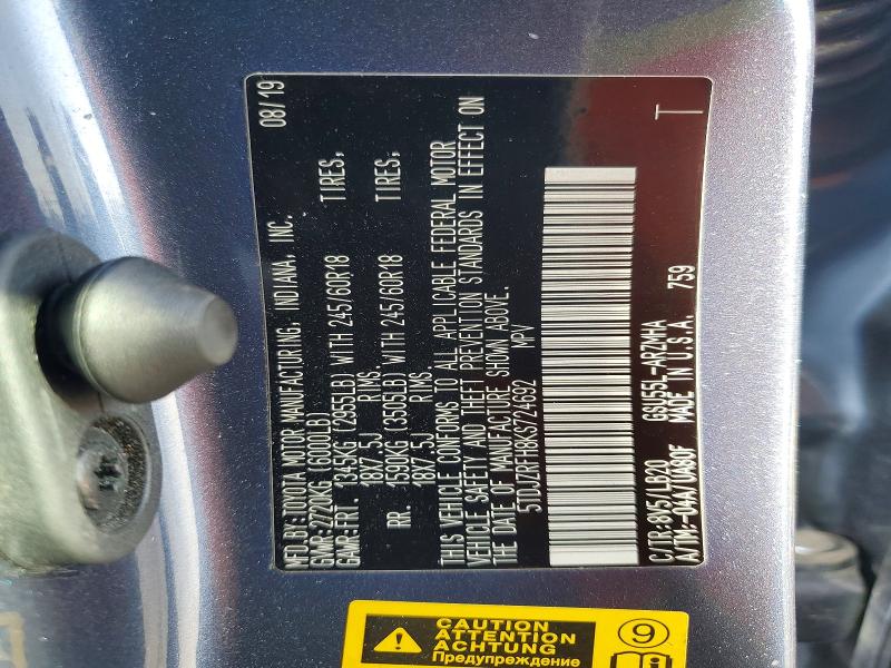 Aukcja sprzedaży 2019 Toyota Highlander, vin: 5TDJZRFH8KS724692, numer aukcji: 68708006