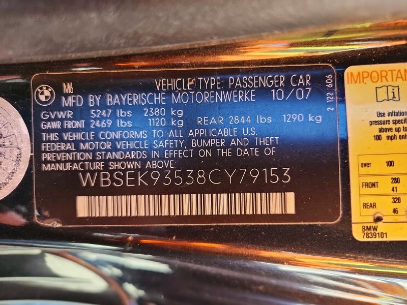 70384986 :رقم المزاد ، WBSEK93538CY79153 vin ، 2008 Bmw M6 مزاد بيع