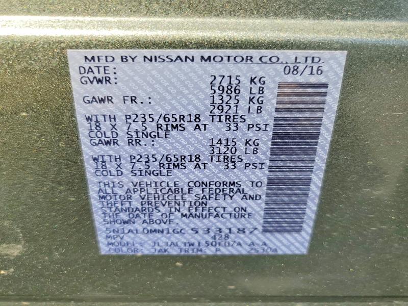 Aukcja sprzedaży 2016 Infiniti Qx60, vin: 5N1AL0MN1GC533187, numer aukcji: 68822806