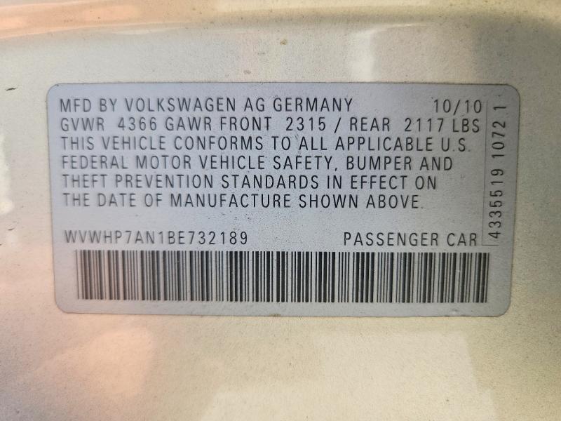 2011 Volkswagen Cc მანქანა იყიდება აუქციონზე, vin: WVWHP7AN1BE732189, აუქციონის ნომერი: 68556346