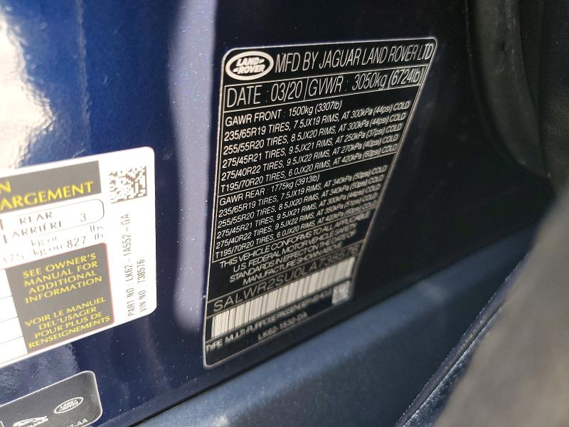 Aukcja sprzedaży 2020 Land Rover Range Rover Sport, vin: SALWR2SU0LA738576, numer aukcji: 68712496