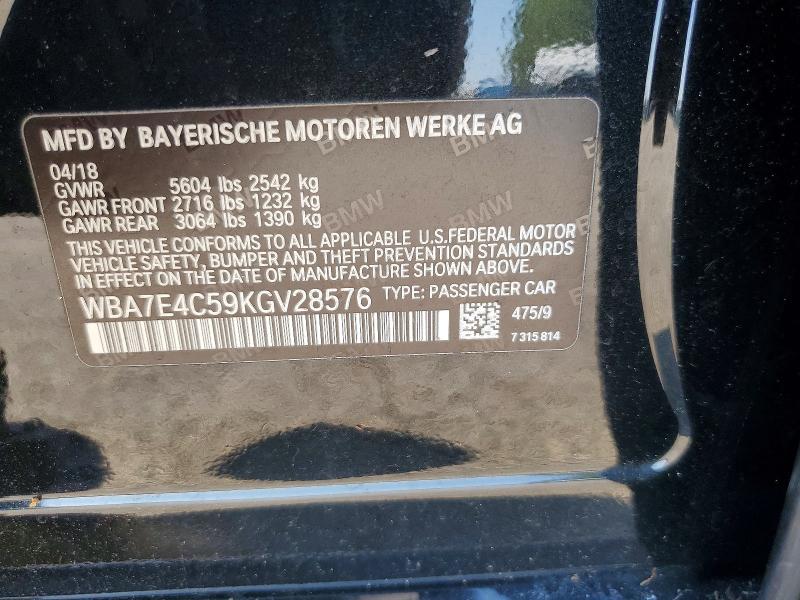 2019 Bmw 740 მანქანა იყიდება აუქციონზე, vin: WBA7E4C59KGV28576, აუქციონის ნომერი: 69376186