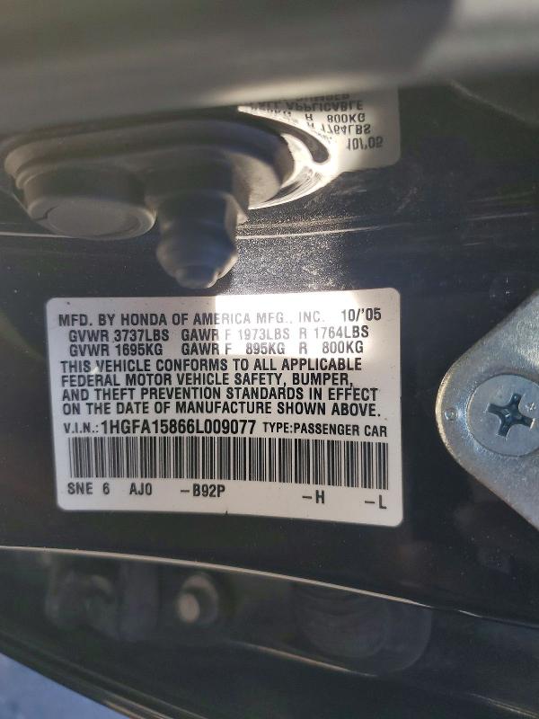 Продажа на аукционе авто 2006 Honda Civic, vin: 1HGFA15866L009077, номер лота: 70053636