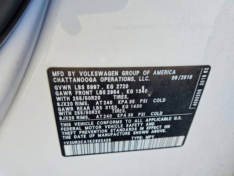 67983486 :رقم المزاد ، 1V2UR2CA1KC502426 vin ، 2019 Volkswagen Atlas مزاد بيع