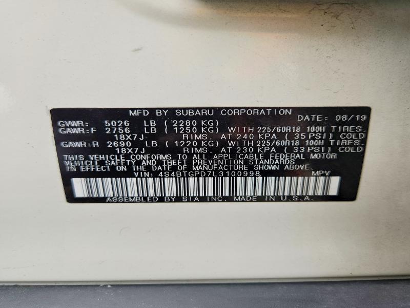 Aukcja sprzedaży 2020 Subaru Outback, vin: 4S4BTGPD7L3100998, numer aukcji: 68278916