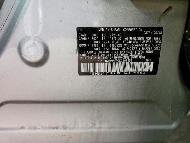 2019 Subaru Ascent მანქანა იყიდება აუქციონზე, vin: 4S4WMAFD9K3408153, აუქციონის ნომერი: 70253576