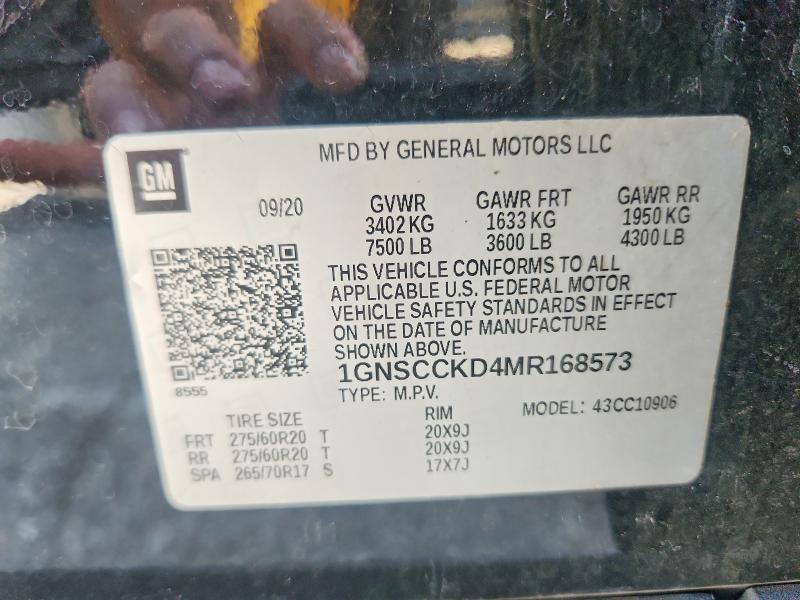 Продаж на аукціоні авто 2021 Chevrolet Suburban, vin: 1GNSCCKD4MR168573, номер лоту: 70696036