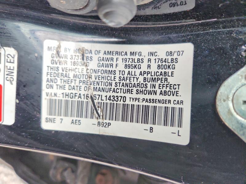Aukcja sprzedaży 2007 Honda Civic, vin: 1HGFA16857L143370, numer aukcji: 70841826