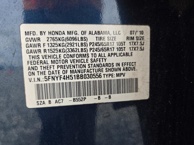70706996 :رقم المزاد ، 5FNYF4H51BB030556 vin ، 2011 Honda Pilot مزاد بيع