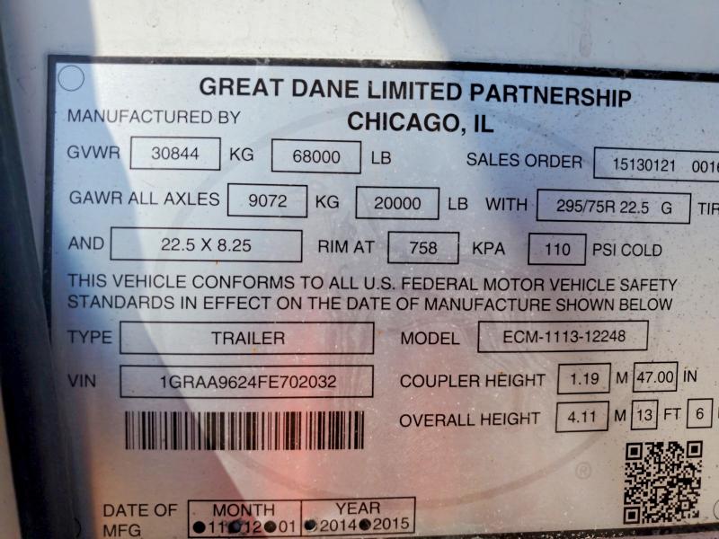 Продаж на аукціоні авто 2015 Great Dane Trailers Reefer, vin: 1GRAA9624FE702032, номер лоту: 67181496