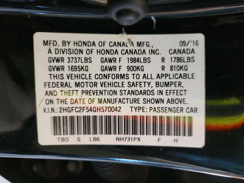 Aukcja sprzedaży 2016 Honda Civic, vin: 2HGFC2F54GH570042, numer aukcji: 69411806