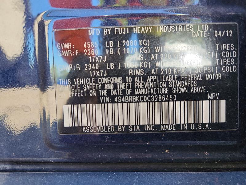 68679196 :رقم المزاد ، 4S4BRBKC0C3286450 vin ، 2012 Subaru Outback مزاد بيع