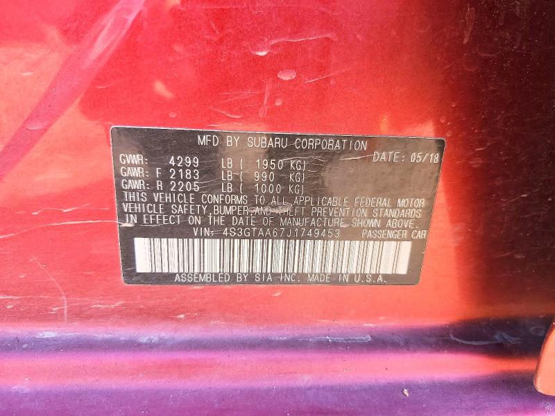 66560816 :رقم المزاد ، 4S3GTAA67J1749453 vin ، 2018 Subaru Impreza مزاد بيع