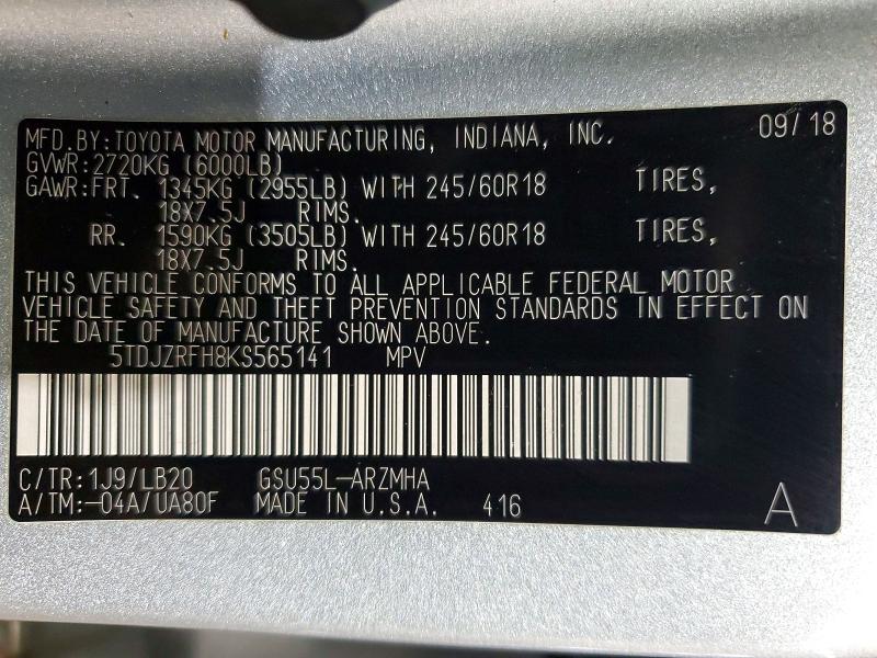 Продаж на аукціоні авто 2019 Toyota Highlander, vin: 5TDJZRFH8KS565141, номер лоту: 70992496