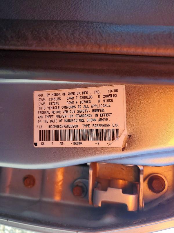 68585206 :رقم المزاد ، 1HGCM66487A028200 vin ، 2007 Honda Accord مزاد بيع