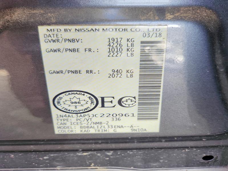 2018 Nissan Altima მანქანა იყიდება აუქციონზე, vin: 1N4AL3AP5JC220961, აუქციონის ნომერი: 68677366