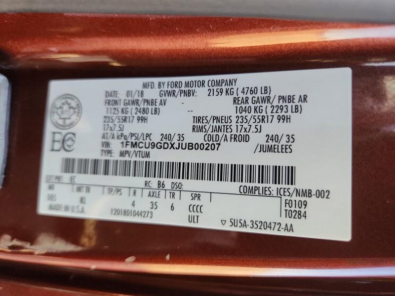 69632876 :رقم المزاد ، 1FMCU9GDXJUB00207 vin ، 2018 Ford Escape مزاد بيع