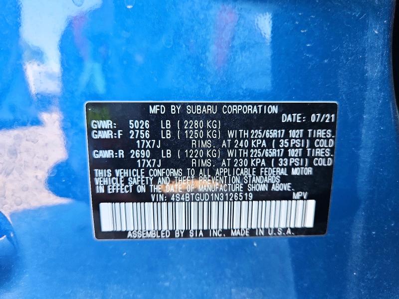 Aukcja sprzedaży 2022 Subaru Outback, vin: 4S4BTGUD1N3126519, numer aukcji: 68841796