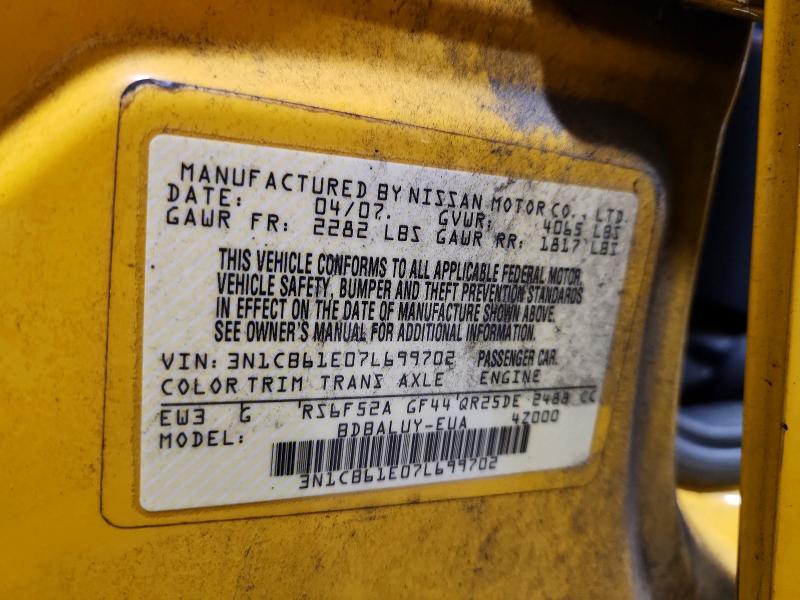 2007 Nissan Sentra მანქანა იყიდება აუქციონზე, vin: 3N1CB61E07L699702, აუქციონის ნომერი: 70015976