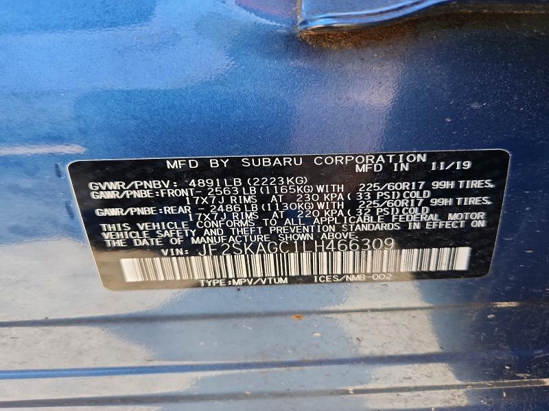 2020 Subaru Forester მანქანა იყიდება აუქციონზე, vin: JF2SKAGC1LH466309, აუქციონის ნომერი: 69406536