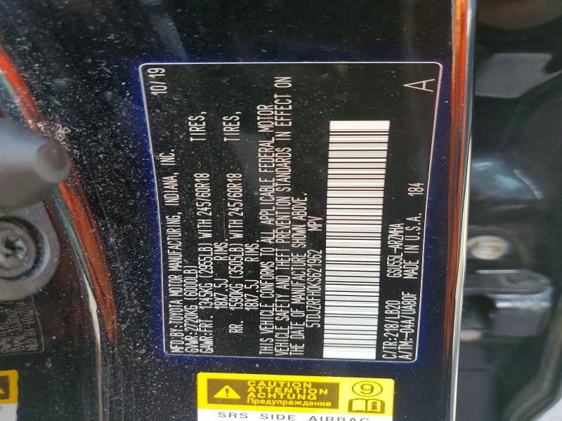 Aukcja sprzedaży 2019 Toyota Highlander, vin: 5TDJZRFH0KS621962, numer aukcji: 71365016