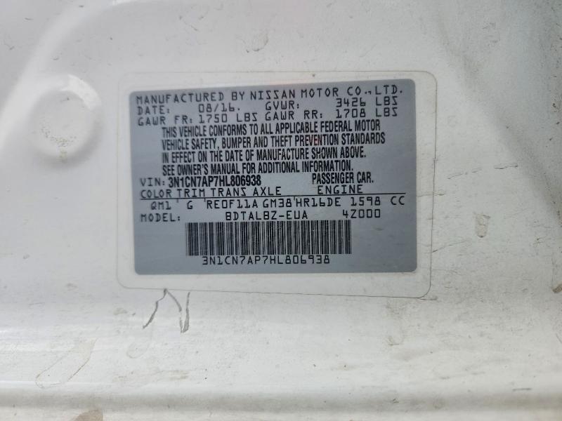 2017 Nissan Versa მანქანა იყიდება აუქციონზე, vin: 3N1CN7AP7HL806938, აუქციონის ნომერი: 67319306