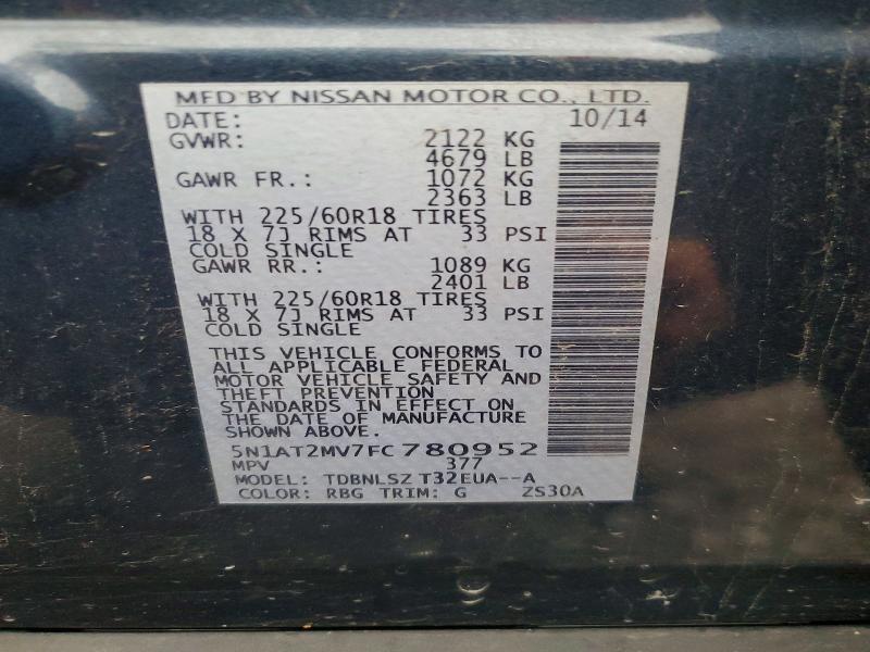 69706956 :رقم المزاد ، 5N1AT2MV7FC780952 vin ، 2015 Nissan Rogue مزاد بيع