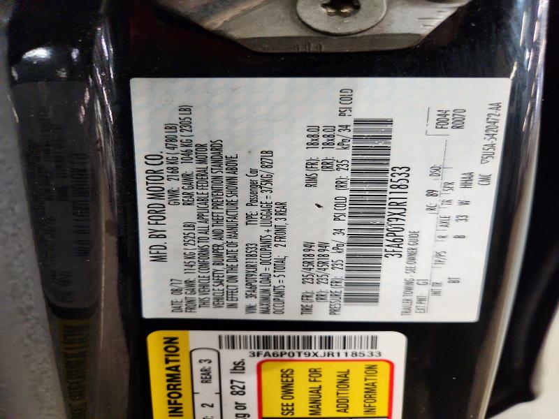 2018 Ford Fusion მანქანა იყიდება აუქციონზე, vin: 3FA6P0T9XJR118533, აუქციონის ნომერი: 70889686