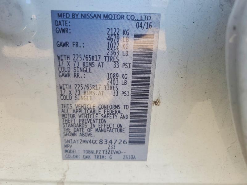 2016 Nissan Rogue მანქანა იყიდება აუქციონზე, vin: 5N1AT2MV4GC834726, აუქციონის ნომერი: 67755966
