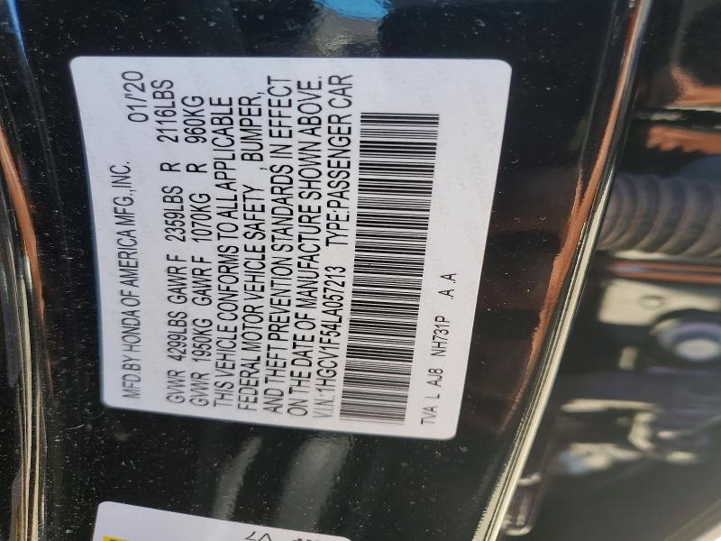 68238746 :رقم المزاد ، 1HGCV1F54LA057213 vin ، 2020 Honda Accord مزاد بيع