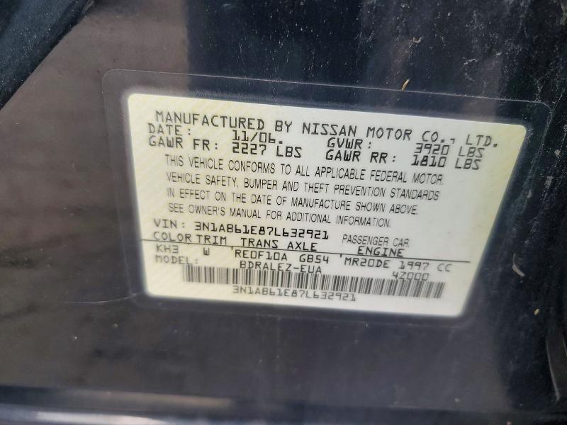 2007 Nissan Sentra მანქანა იყიდება აუქციონზე, vin: 3N1AB61E87L632921, აუქციონის ნომერი: 68409356
