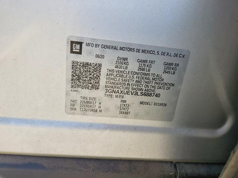 Aukcja sprzedaży 2020 Chevrolet Equinox, vin: 3GNAXUEV3LS688740, numer aukcji: 69894596