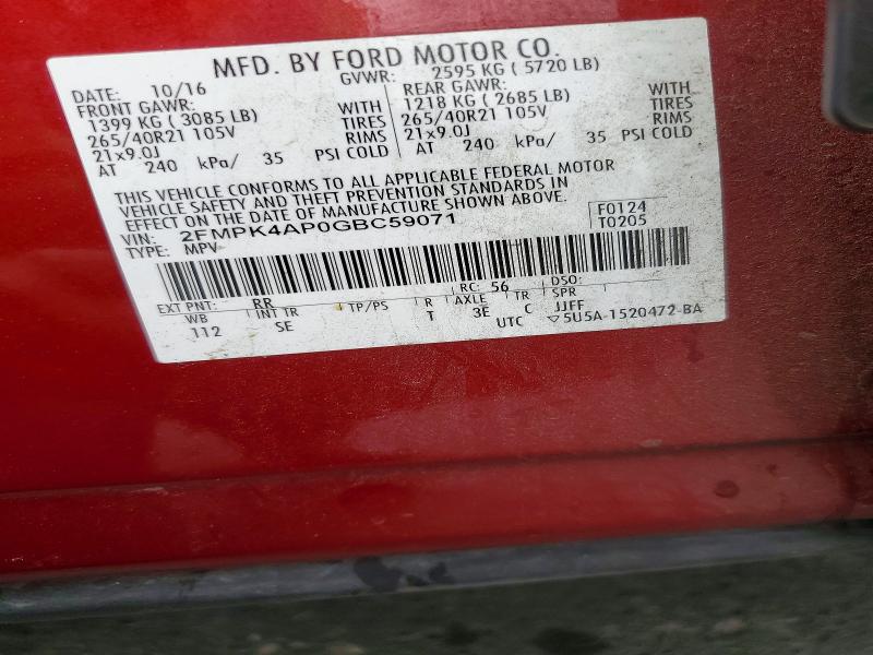 2016 Ford Edge მანქანა იყიდება აუქციონზე, vin: 2FMPK4AP0GBC59071, აუქციონის ნომერი: 67872106