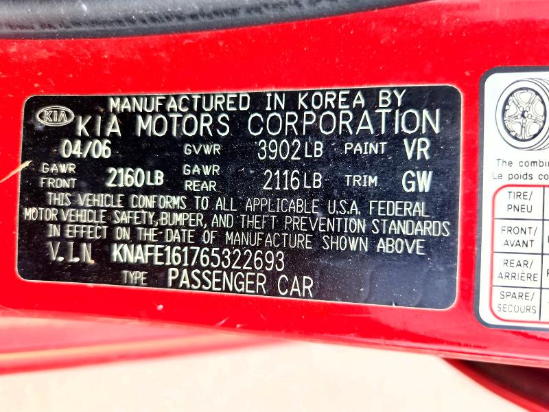 Aukcja sprzedaży 2006 Kia Spectra, vin: KNAFE161765322693, numer aukcji: 68612476