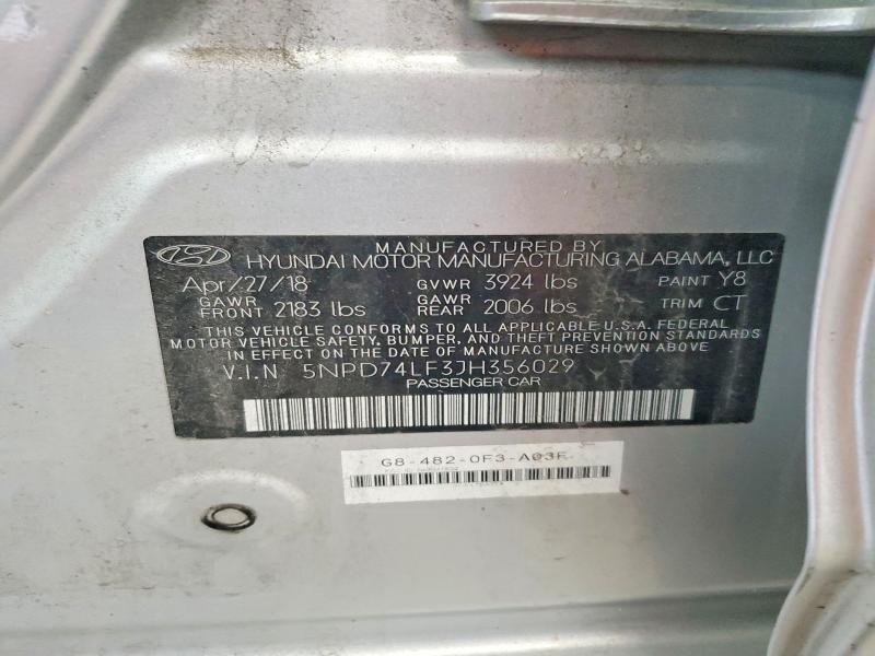 2018 Hyundai Elantra მანქანა იყიდება აუქციონზე, vin: 5NPD74LF3JH356029, აუქციონის ნომერი: 69430296