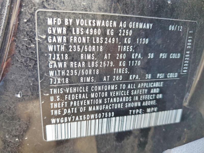 2013 Volkswagen Tiguan მანქანა იყიდება აუქციონზე, vin: WVGBV7AX5DW507599, აუქციონის ნომერი: 70158286