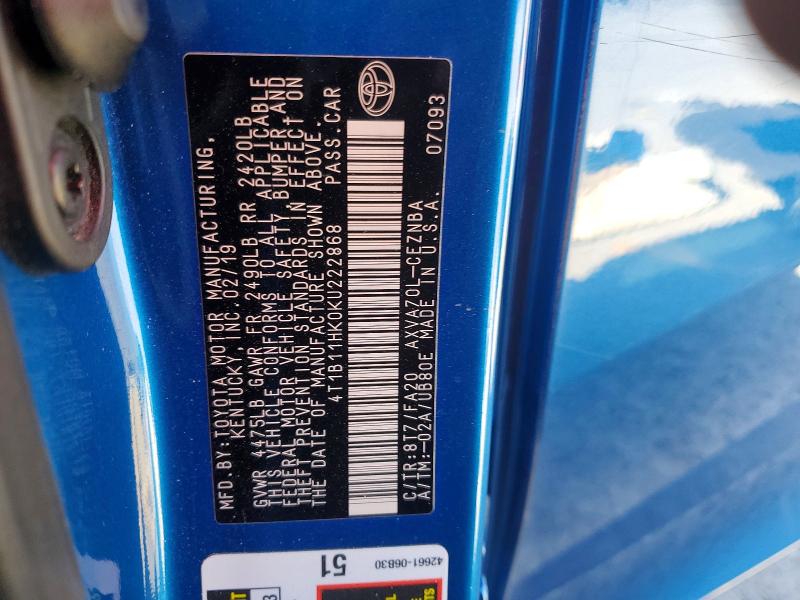 Продажа на аукционе авто 2019 Toyota Camry, vin: 4T1B11HK0KU222868, номер лота: 68027716