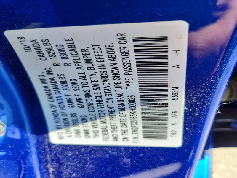 69345186 :رقم المزاد ، 2HGFC2F65KH500826 vin ، 2019 Honda Civic مزاد بيع