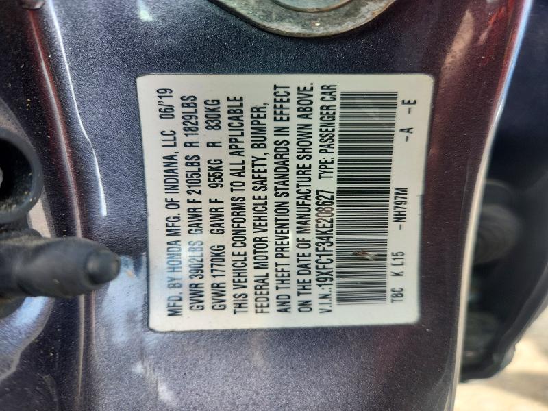 Продаж на аукціоні авто 2019 Honda Civic, vin: 19XFC1F34KE208627, номер лоту: 67147386