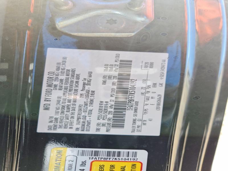 2019 Ford Mustang მანქანა იყიდება აუქციონზე, vin: 1FATP8FF7K5104192, აუქციონის ნომერი: 67347816