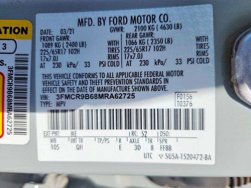 67737696 :رقم المزاد ، 3FMCR9B68MRA62725 vin ، 2021 Ford Bronco Sport مزاد بيع